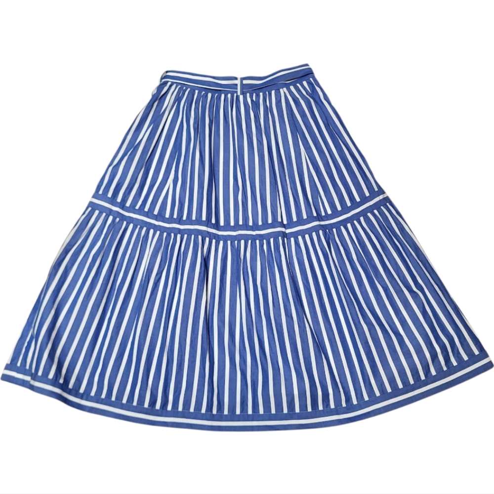 J. Crew Blue White A-Line Button Front Pleated Midi Skirt with Tie - Size 0 - Picture 4 of 6
